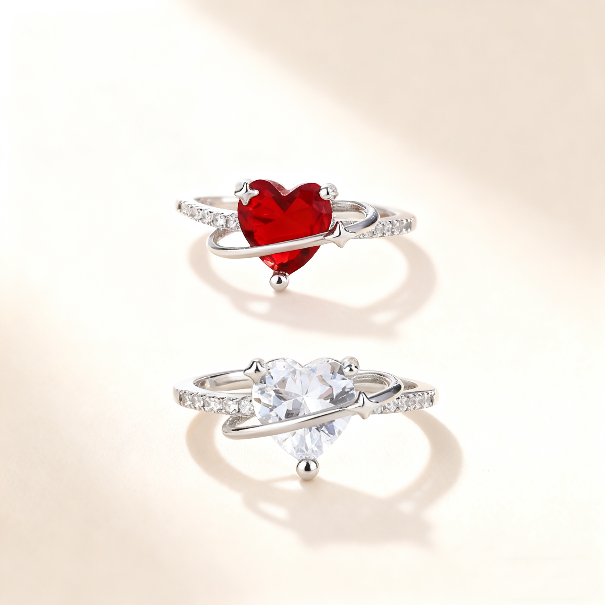 Heart-Cut Red Crystal & Diamond Ring