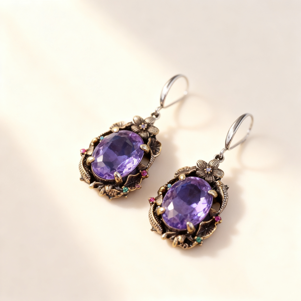 Amethyst & Multicolor Gem Twin Fish Lotus Jewelry Set