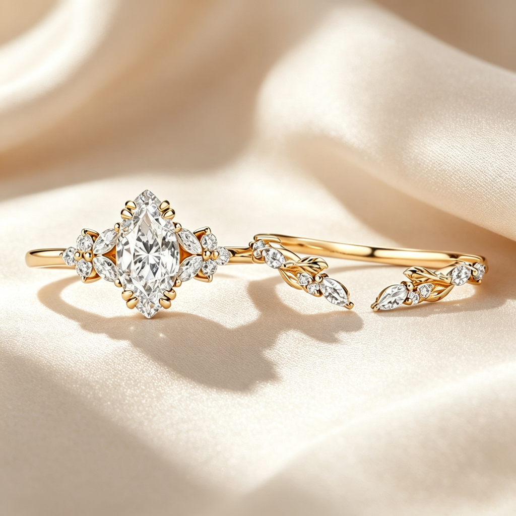 Marquise Floral Leaf Accent Moissanite Ring Set