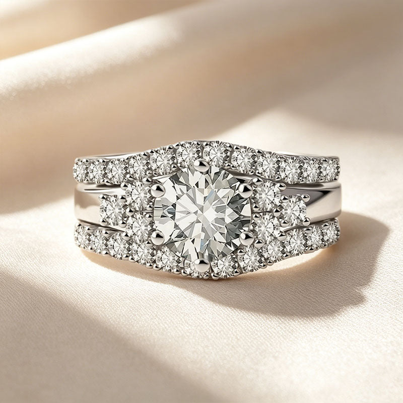 Round-cut gemstone promise ring three-piece set