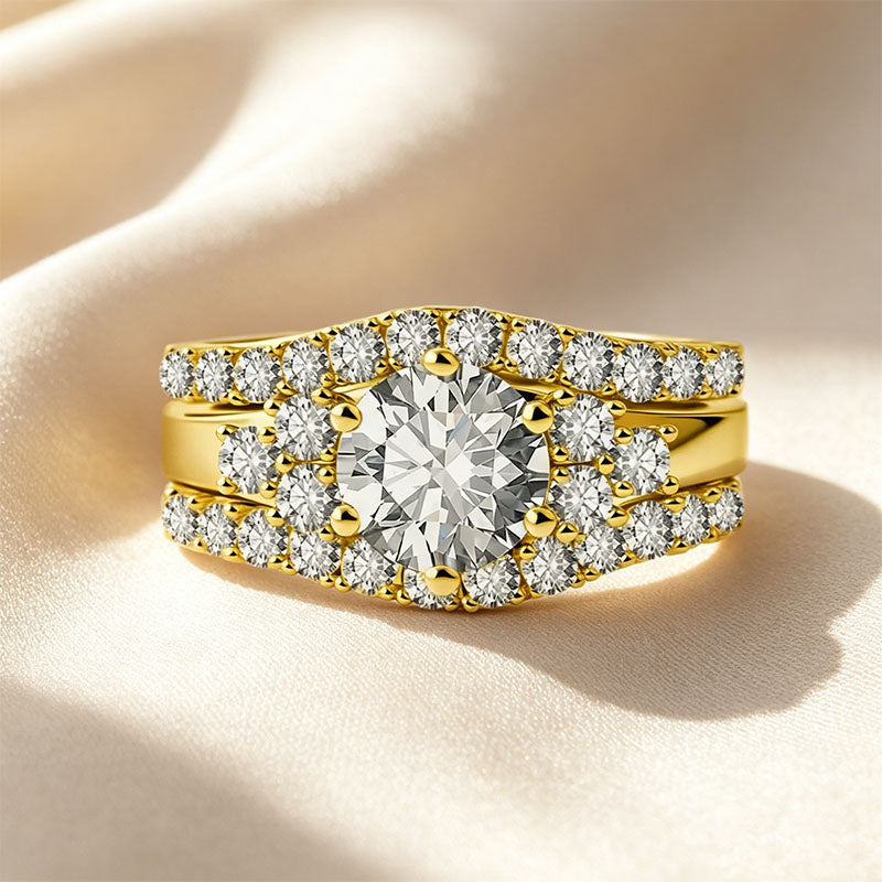 Round-cut gemstone promise ring three-piece set