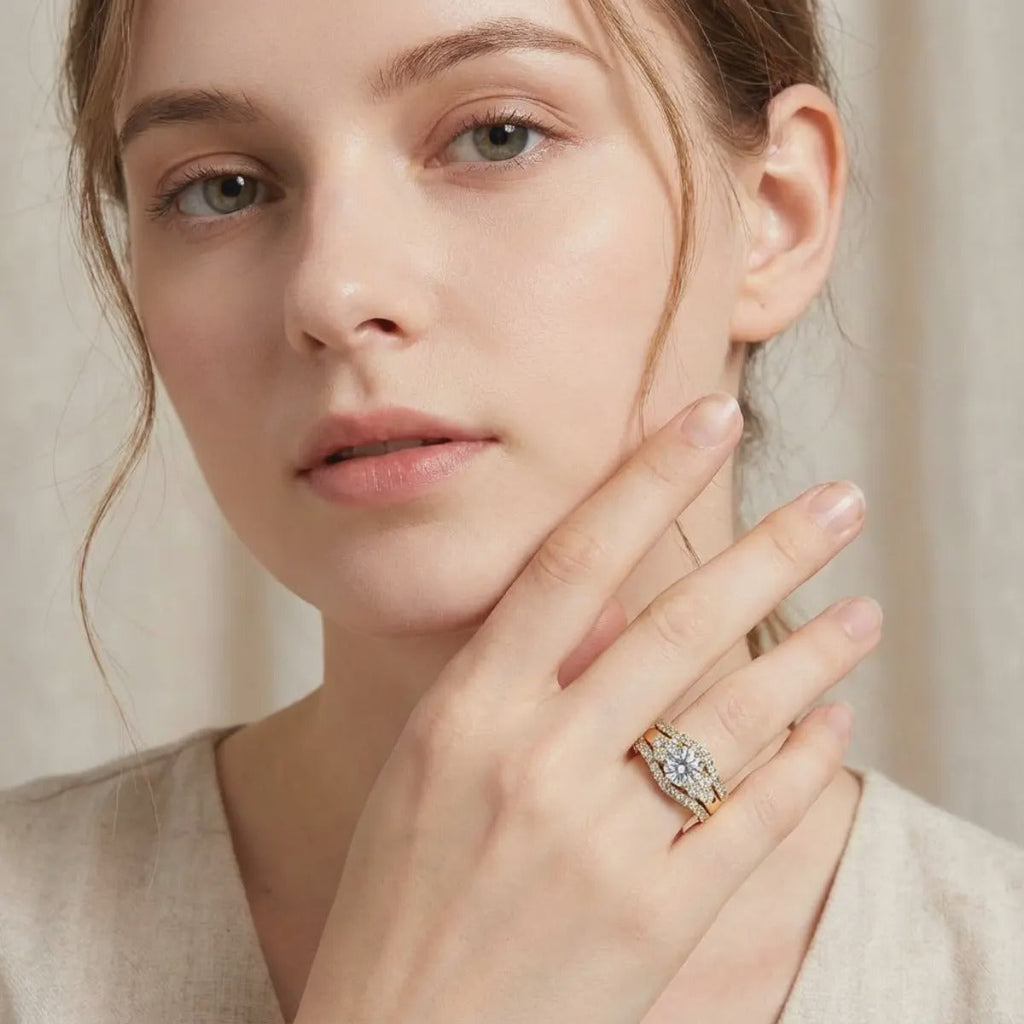 Round-cut gemstone promise ring three-piece set
