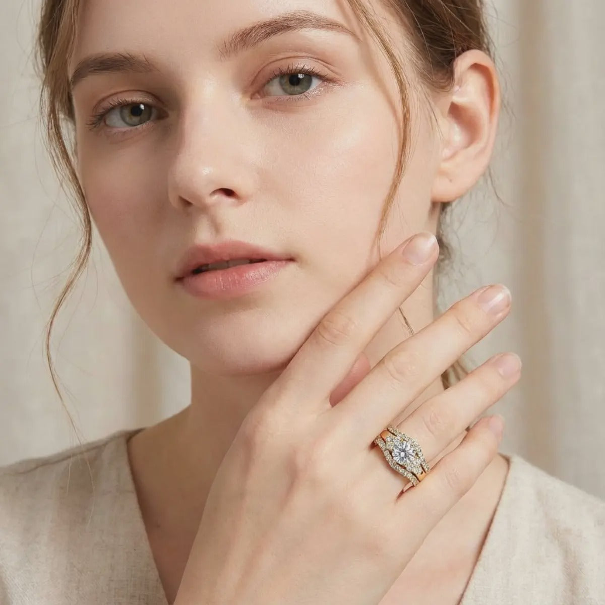 Round-cut gemstone promise ring three-piece set
