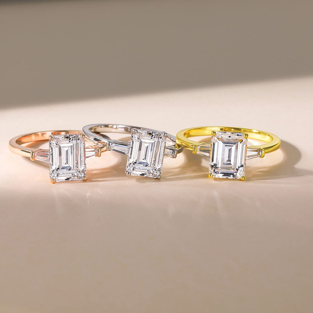 Emerald-cut three-stone ring