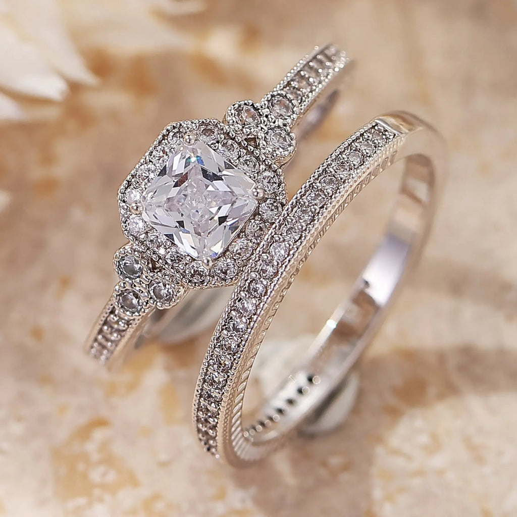 Cushion Double Halo Pave Stackable Ring Set