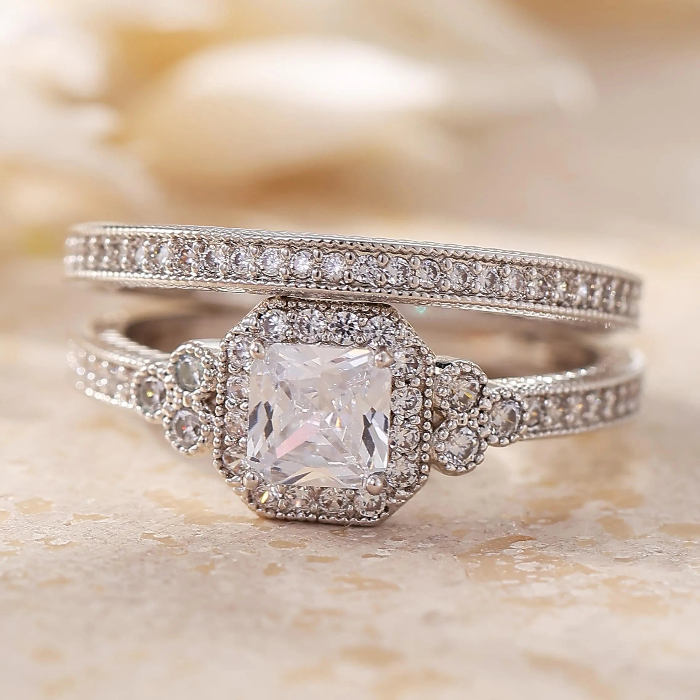Cushion Double Halo Pave Stackable Ring Set