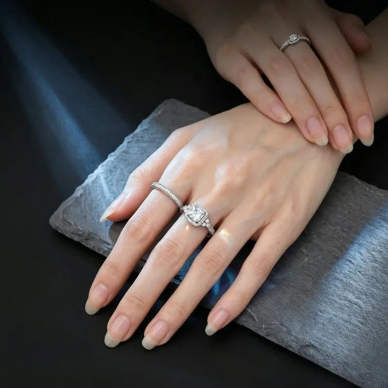 Cushion Double Halo Pave Stackable Ring Set