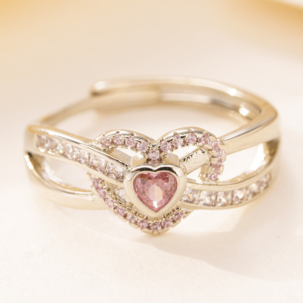 Elegant Double Heart Pink Crystal Ring