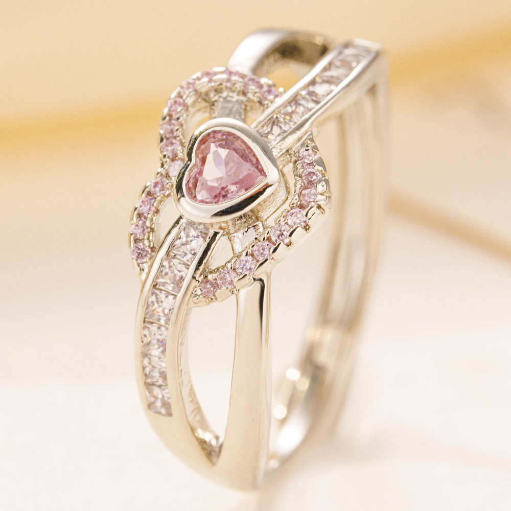 Elegant Double Heart Pink Crystal Ring