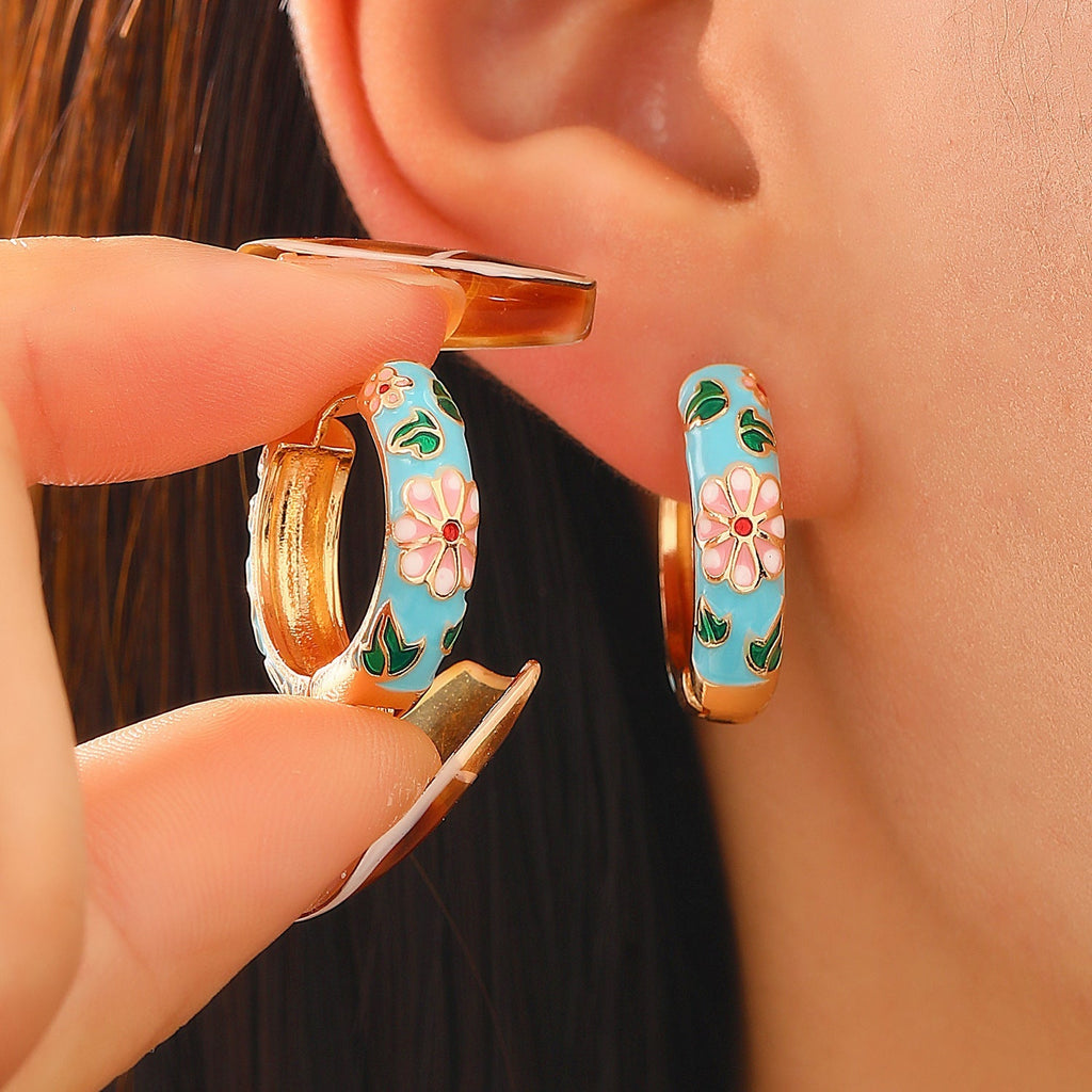 Colorful Floral Hoop Earrings | Gold
