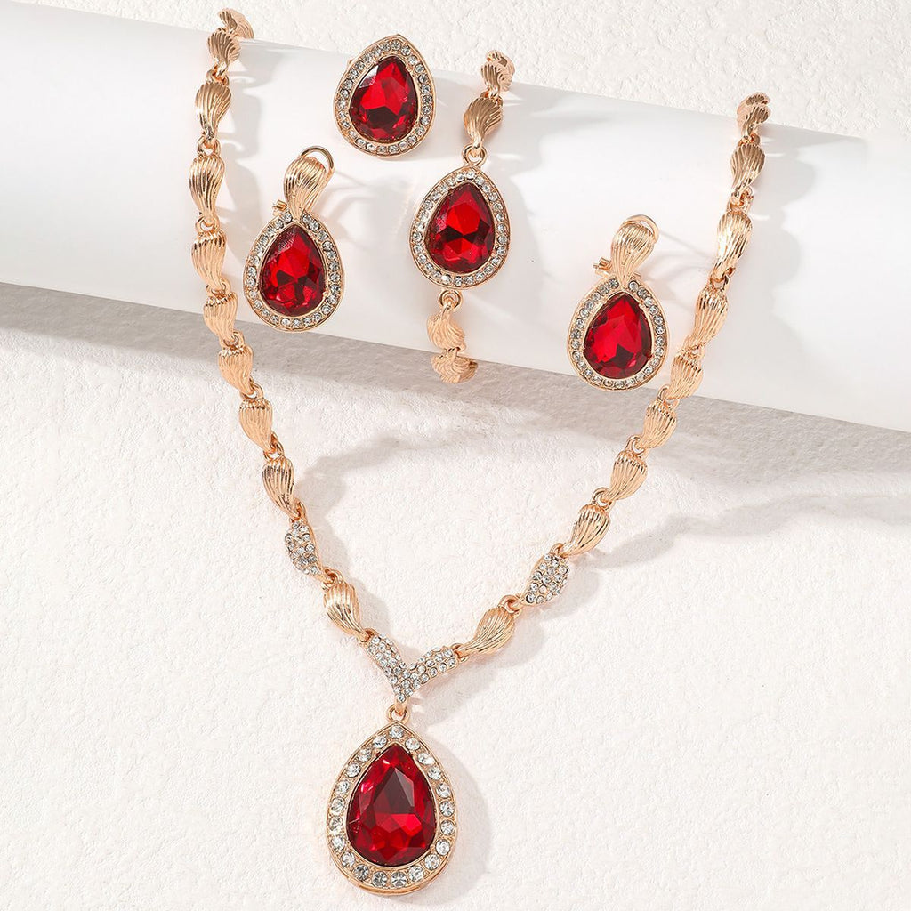 Vintage Rose Gold Red Crystal Necklace, Earrings, Bracelet & Ring Set