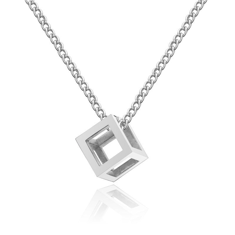 Hollow Cube Pendant Necklace | White Gold