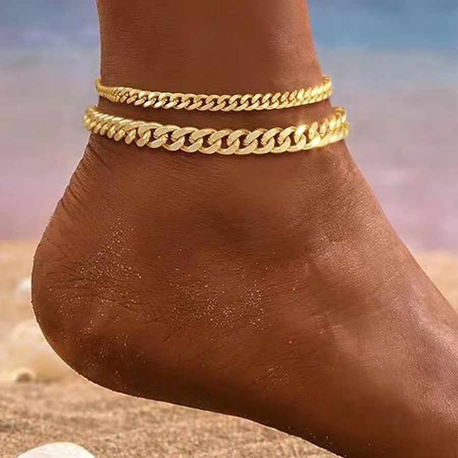 Layered Cuban Link Anklet | Gold