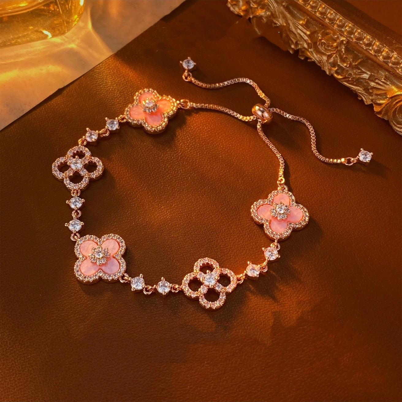 Four-leaf flower cluster • Pink shell bracelet & necklace & ring & earrings