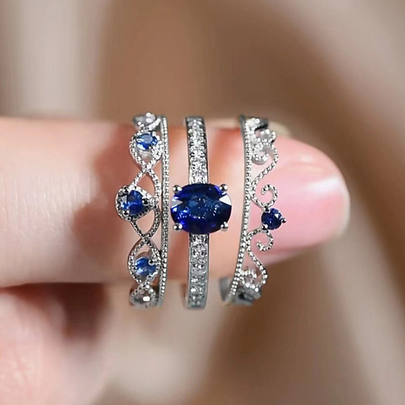 Elegant Blue Crystal Crown Ring Set