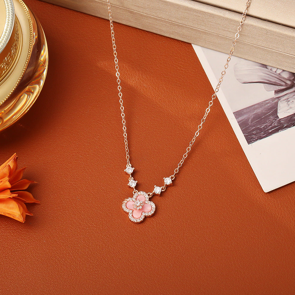 Four-leaf flower cluster • Pink shell bracelet & necklace & ring & earrings