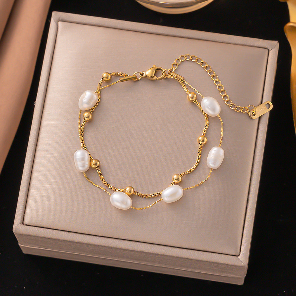 Layered Fresh Pearl Bracelet | Gold