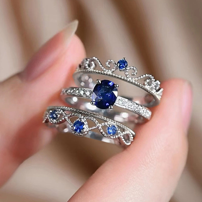 Elegant Blue Crystal Crown Ring Set
