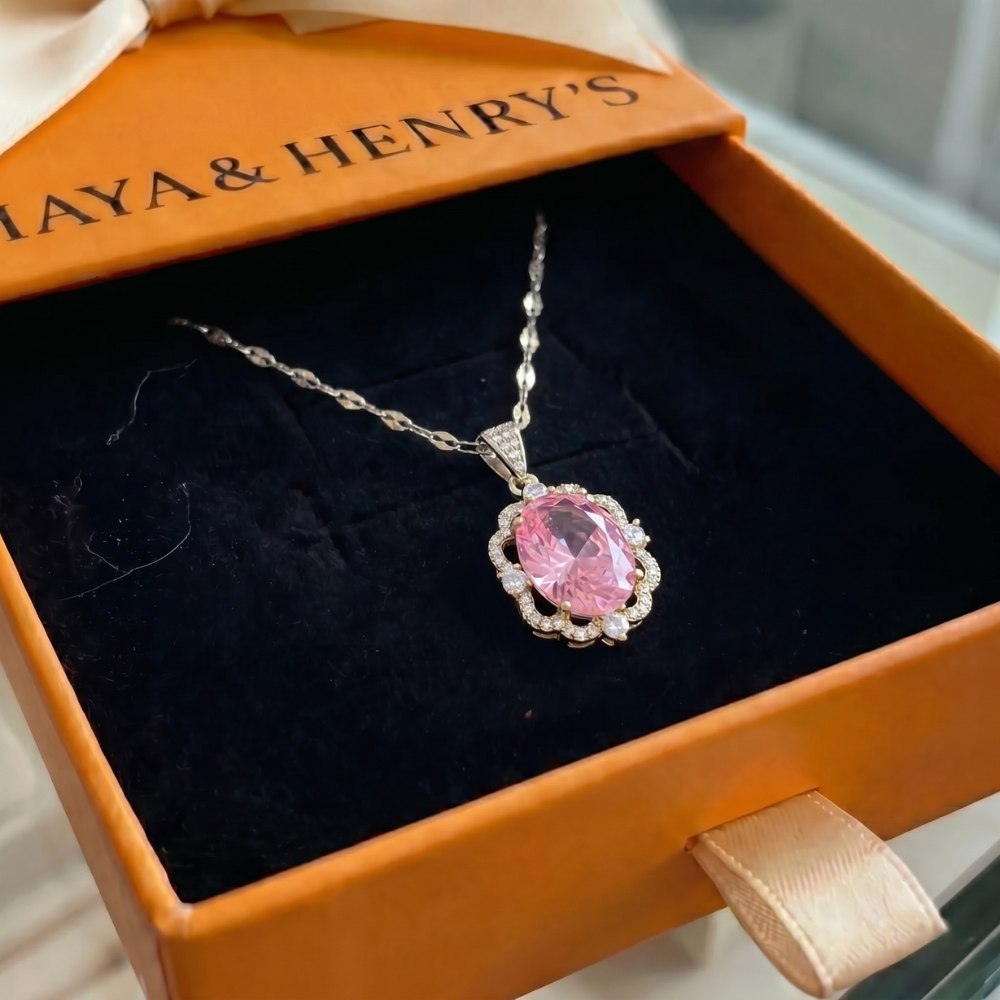 Rose Oval Crown Halo Necklace | White Gold