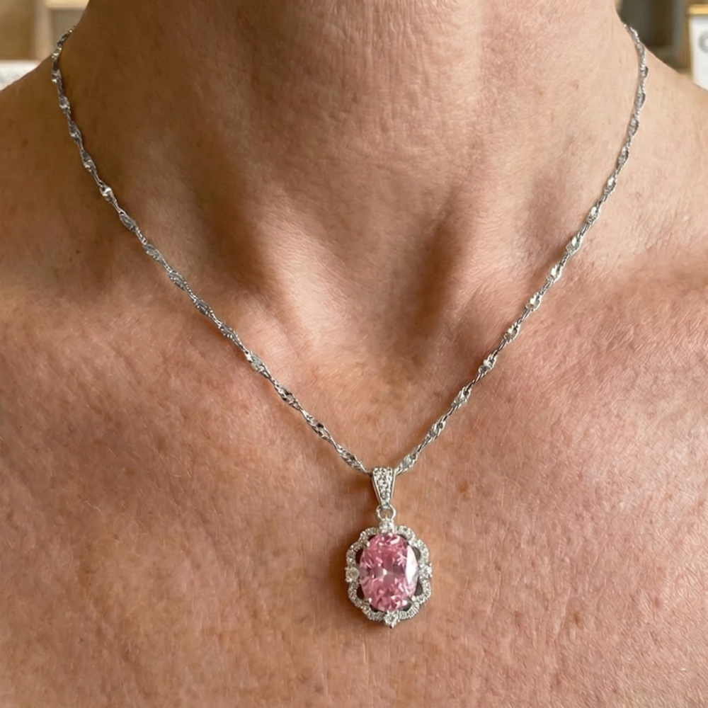Rose Oval Crown Halo Necklace | White Gold
