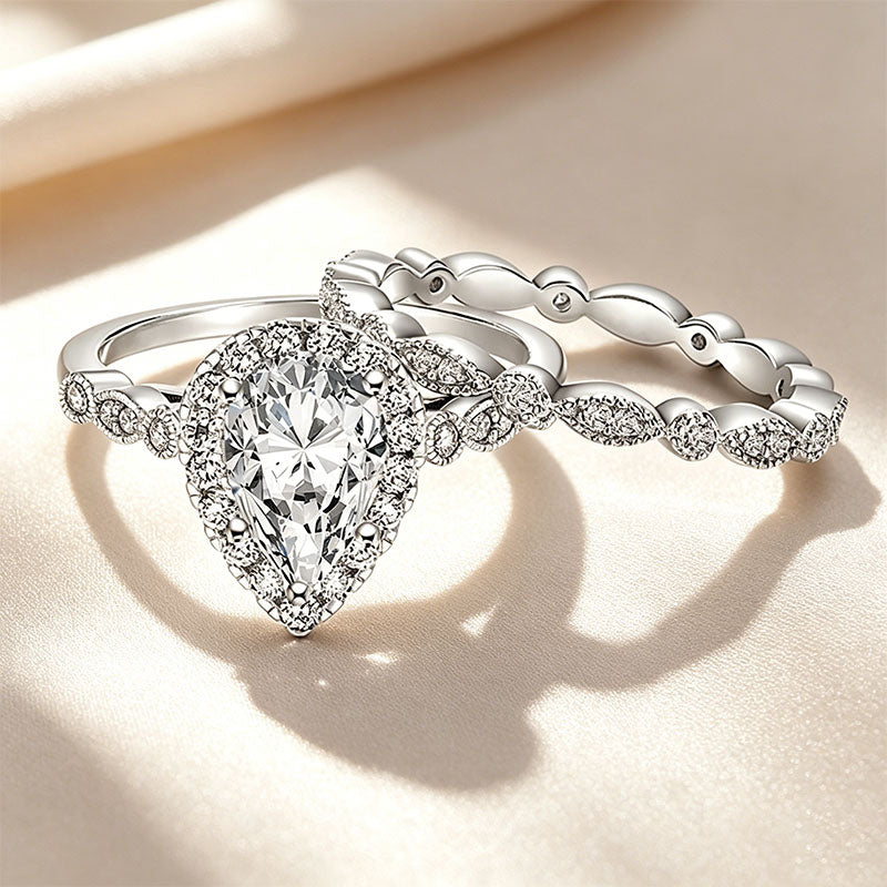 Pear-Shaped Solitaire Halo Stackable Ring Set