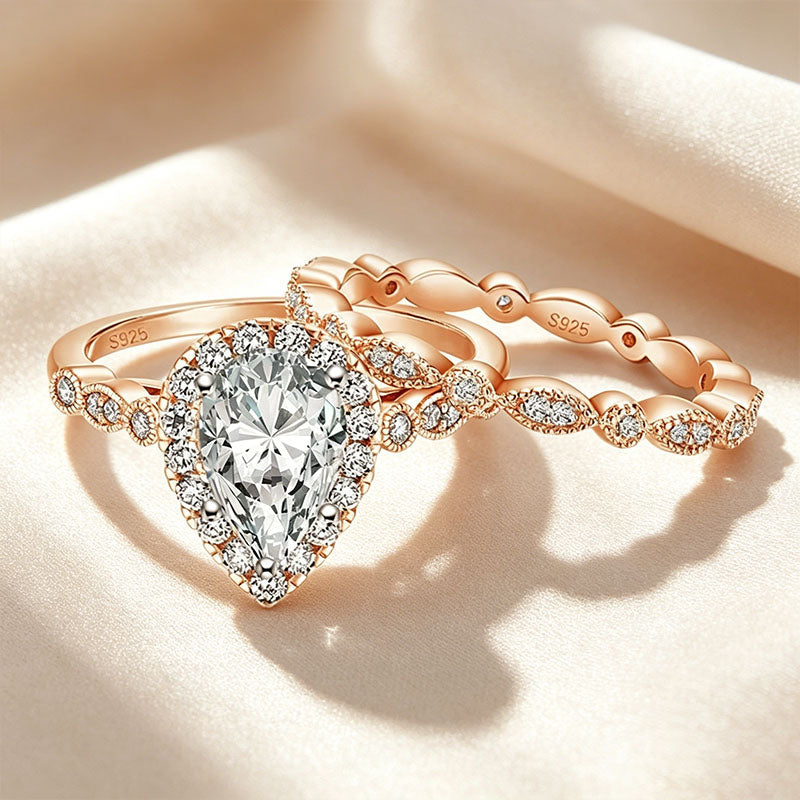 Pear-Shaped Solitaire Halo Stackable Ring Set